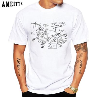 New Summer Men Short Sleeve Bike Brake Design Drawing Print T Shirt Boy Casual Tops Vintage Bicycle Sport White Tees XS-6XL