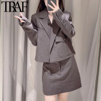 TRAF Women Fashion Cropped Check Blazer Coat Vintage Long Sleeve Patch Pockets Female Outerwear Chic Veste Femme