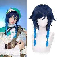 【LZ】☍✺❇  Venti Ombre Azul Trançado Cosplay Peruca para Genshin Jogo Gradiente Partido Peruca Unisex Anime Costume Acessórios Halloween