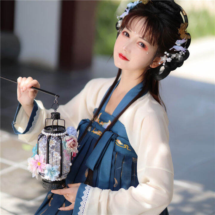 ราคาถูก-hanfu-ชุดจีนสไตล์ย้อนยุคชุดสูทใบเมเปิ้ลพิมพ์เอวกระโปรงจีบชุดเจ้าหญิงจีนโบราณชุดนางฟ้า