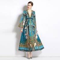 Ladies New Dress Real Shot Spot Spring New Deep V-neck Flared Sleeves Printed Long Large Hem Dress Maxi