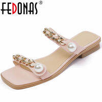 FEDONAS Sweet Fashion New Pearl Chain Women Sandals Casual Low Heels Slippers Genuine Leather Summer Shoes Woman nd Design