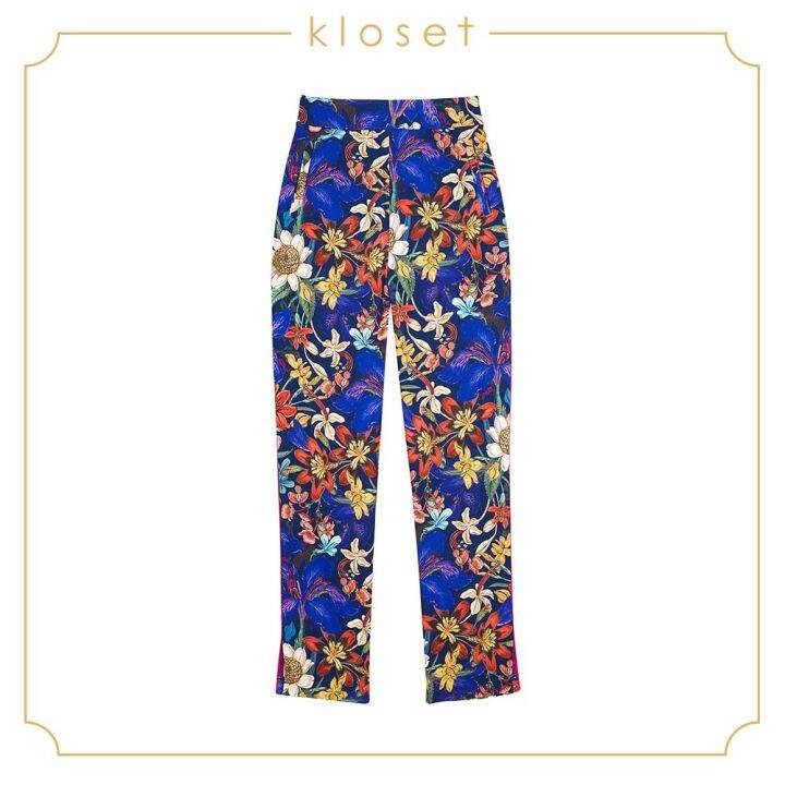 kloset-iris-floral-printed-trousers-aw19-p012-เสื้อผ้าผู้หญิง-เสื้อผ้าแฟชั่น-กางเกงแฟชั่น-กางเกงผ้าพิมพ์-กางเกงขายาว