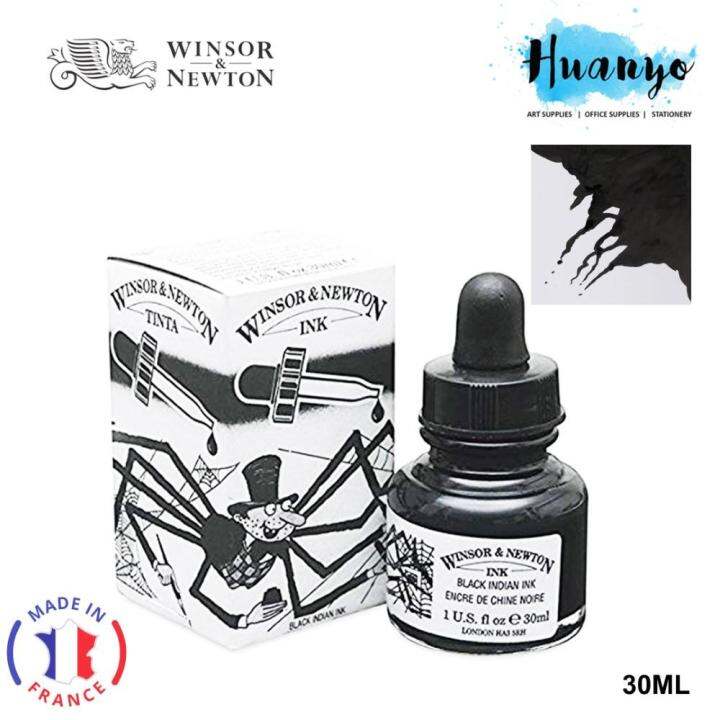 Winsor & Newton : Drawing Black Indian Ink : 30ml : Water Resistant : With  Dropper