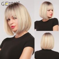 GEMMA Short Straight Bob Synthetic Wigs with Bangs for Women Afro Ombre Black Brown Yellow Blonde Wigs Cosplay Party Daily Hair Wig  Hair Extensions P
