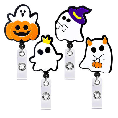 Halloween Gift Student ID Card Holder Retractable Badge Holder Acrylic Telescopic Clip Ghost Badge Reel Pumpkin