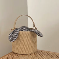 WONDERLUST Bowknot Lattice Bucket Ladies Straw Bag 2021 New Travel Holiday Pastoral Style Shoulder Bag Cross Body Bag Handbag