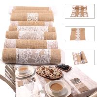 [HOT XJJKENG HOT] Vintage Lace Burlap Table Runner Natural Hessian Jute Linen Country Party Table Cover จัดเลี้ยงงานแต่งงานตกแต่งบ้าน