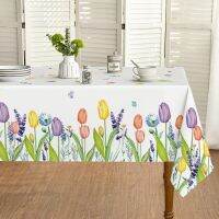 Easter Spring Waterproof Tablecloth Watercolor Wild Flowers Tulip Lavender Floral Table Cover for Party Picnic Dinner Decor