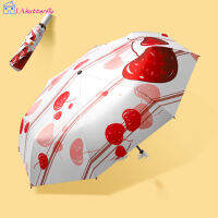 Latutterfly ร่มแบบพกพา Parasol สีแดงเชอร์รี่พิมพ์3/5พับ Windproof สีดำเคลือบ Sun Rain Umbrella【cod】