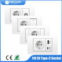 118x72mm PC Panel 110V 250V Electric Light Switch and Wall Socket with USB Type C 2.1A 5V Port 16A Power Double Switch Socket