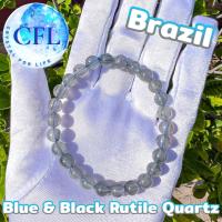 Blue &amp; Black Rutile Quartz กำไลหินไหมฟ้าไหมดำ ขนาดเม็ดหิน (6-7.5 มม.) แก้วโป่งข่ามไหมฟ้า สร้อยข้อมือหินแท้ หินนำโชค เอ็นยืด หินธรรมชาติ นำเข้าจากBrazil