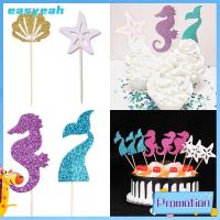 EASYEAH 24Pcs เปลือกหอยในทะเล ท็อปเปอร์คัพเค้ก ปลาดาวปลาดาว หางปลาหางยาว ของตกแต่งเค้ก การ์ตูนลายการ์ตูน ฮิบโปแคมปัส ธงบนเค้ก คัพเค้กคัพเค้ก