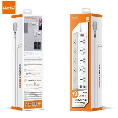 🔥LDNIO SC10610 ปลั๊กพ่วง ปลั๊กไฟ 10Socket รองรับ 5USB &amp;1 USB-C QC 3.0 Fast charge ชาร์จเร็ว กำลังไฟ 2500W-สายยาว 2 เมตร📱