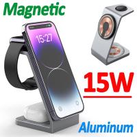 Carregador Magnético Sem Fio Stand, Estação De Carregamento Rápido Sem Fio Transparente, 14, 13, 12 Pro Max, Watch, 15W, 3 Em 1 2023สินค้าใหม่