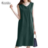 COD DSTGRTYTRUYUY ZANZEA Women Sleeveless V Neck Casual Holdiay Beach Solid Long Maxi Dress