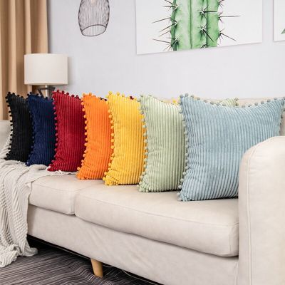 Solid Corduroy Cushion Cover with Pompom Ball Beige Green Navy Pillow Cover Bedroom Sofa Decoration Pillow Cases 30x50cm/45x45cm/50x50cm