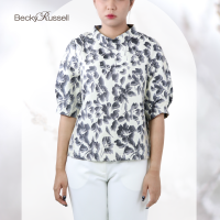 BECKY RUSSELL เสื้อเบลาส์ผ้าแจ็กการ์ดคอตั้ง แขนจับจีบพอง PRB395