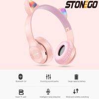 Hot STONEGO หูแมวน่ารักเรืองแสงชุดหูฟังพร้อมไมโครโฟนพับได้ Bluetooth 5.0หูฟังสเตอริโอไร้สายพร้อมไฟ LED Christmas Gift