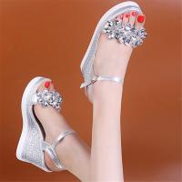 New Female Ankle Strap Buckle Rhinestone Crystal Sandals 2021 Summer Women Round Toe High Heels Fashion Ladies Wedges Shoes Gold