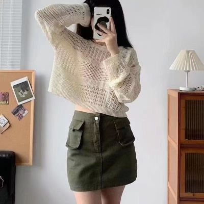 ☸ Spring Summer Short Hollow Sunscreen Knitwear Women Outer Wear Loose Design Niche Long-Sleeved Sweet Spicy Top Limited Time Sale