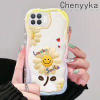 เคส Chenyyka สำหรับ A93 OPPO 2020 F17 Pro Reno 4F Reno 4 Lite เคสลายการ์ตูนใบหน้ายิ้มขอบเป็นลอนดอกไม้เคสโทรศัพท์โปร่งใสเนื้อครีมปลอกซิลิโคนป้องกันการกระแทกเลนส์กล้องถ่ายรูปใหม่เคสนิ่มใส