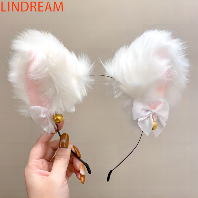 LINDREAM ตุ๊กตาหูแมวที่คาดผมหญิงฤดูใบไม้ร่วงและฤดูหนาวเครื่องประดับผมแมวกระต่ายสุนัขจิ้งจอกกระดิ่งกิ๊บติดผมการ์ดคาดศีรษะเครื่องประดับคริสต์มาส