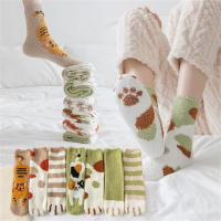 Furry Knee-high Socks Cartoon Animal Socks Cute Cat Paws Floor Socks Coral Fleece Stockings Thick Warm Mid-thigh Socks