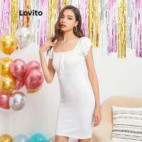 Lovito y Solid Color Lace Folds Summer Tie Front Middle Waist Dress L01035 (White)