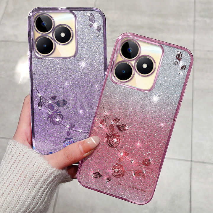 เคสเคลือบอิเล็คโทรเพลทใหม่สำหรับ-realmec51-2023แฟชั่นดอกไม้แวววาวไล่ระดับสีกุหลาบนิรันดร์กับกรณีสายคาดที่คล้อง-realme-c51-c53-c55-c33-nfc-c30-c30s-c35-c25y-c21y-c25ฝาครอบ-c25s-realme-nfc