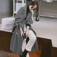 สีดำและสีขาว Houndstooth T Rench Coat ของผู้หญิงใหม่ยาวกว่าเข่าเอวสายรัดเสื้อสไตล์ตะวันตกยอดนิยม