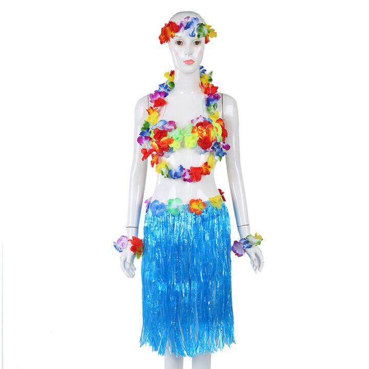 6-set-hawaiian-grass-skirt-flower-hula-lei-wristband-garland-fancy-dress-costume