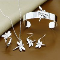 【lz】ﺴ❁  Novo Estilo 925 Sterling Silver AAA Zircão Libélula Colar Brincos Anel Pulseira Set Para Festa de Noivado Feminino Casamento Fashi