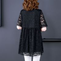 【Ready】? Plus fat plus size loose belly t-shirt fat sister summer new foreign style lace thin top women 200 catties