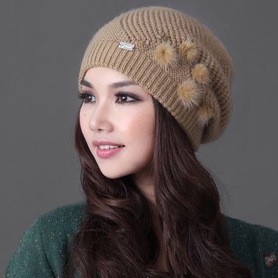 Women Hats Winter Thicken Double Layer Rabbit Hair Knitted Hat Elegant Casual Wool Cap Female Beanies Free Shipping