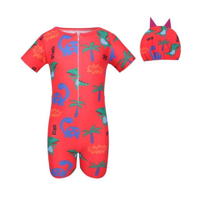 Dinosaur Boys Girls Onepiece Swimsuit Onepiece Hooded Swimwear Cartoon Print 2022 Baby New