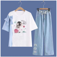 Spot parcel post Suit Female Summer Korean Junior High School Students 2023 Teenage Leisure Two-Piece Loose Children and Teens Short Sleeve T T-shirt College Style