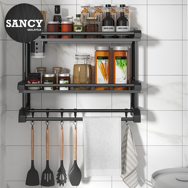 Sancy 2 Layers Kitchen Bathroom Wall Mounted Storage Rack Punch Free Shelf Organizer With Hooks - Fulfilled by Sancy