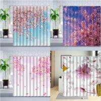 Pink Flowers Shower Curtain Cherry Blossom Peach Blossoms Plant Floral Landscape Bathroom Decorations Hanging Curtains Hooks Set