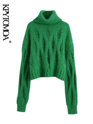 KPYTOMOA Women  Fashion Loose Ripped Green Crop Knit Sweater Vintage High Neck Long Sleeve Female Pullovers Chic Tops