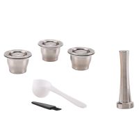 Capsules Reusable, Stainless Steel, 3 Pieces Refillable Pads for Nespresso + 1 Tamper + 1 Spoon + 1 Brush