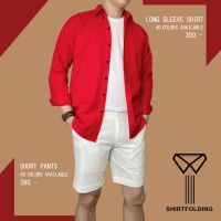 SHIRTFOLDING Chinese New Year Set เสื้อเชิ้ต แขนยาวคอปก สีแดงสด แดงคริสต์มาส แดงตรุษจีน กระดุมดำ กางเกงขาสั้น สีขาว