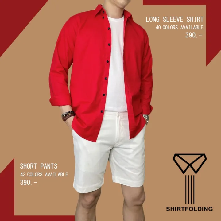 shirtfolding-chinese-new-year-set-เสื้อเชิ้ต-แขนยาวคอปก-สีแดงสด-แดงคริสต์มาส-แดงตรุษจีน-กระดุมดำ-กางเกงขาสั้น-สีขาว