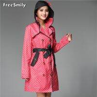 Women Red Dots Bowknot Belt Stylish Rain Poncho Waterproof Raincoat with Hood Freesmily