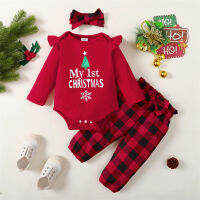 Romper 100 Cotton Christmas Outfits For Baby Girls 3Pcs Set "MY 1ST CHRISTMAS" Print Romper &amp; Plaid Pants &amp; Headband Outfit