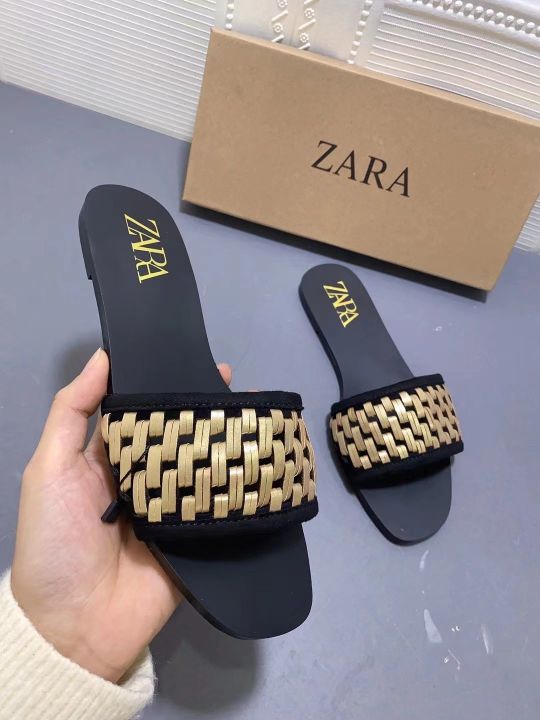 ZARA New 2023 Spanish Summer Gold Woven Flat Bottom Slippers Casual Shoes  Microfiber Outwear Versatile Beach 