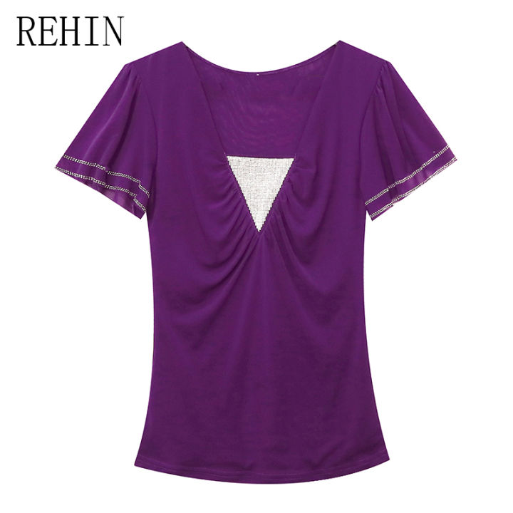 rehin-เสื้อผู้หญิงมาใหม่เสื้อยืดแขนสั้นผ้าชีฟองสองชั้นประดับเพชรแบบดั้งเดิม