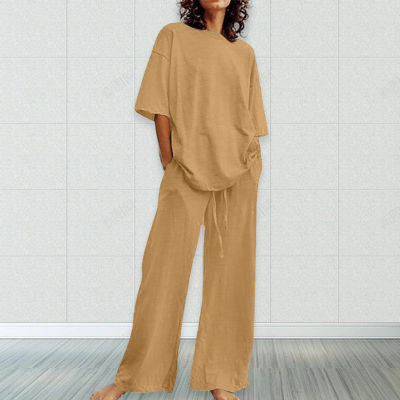 ชุดฝ้ายลินิน2ชิ้นสำหรับผู้หญิงชุดกางเกงขายาวเหมาะสมสำหรับผู้หญิงงานเลี้ยงประจำวันแบบทางการ
