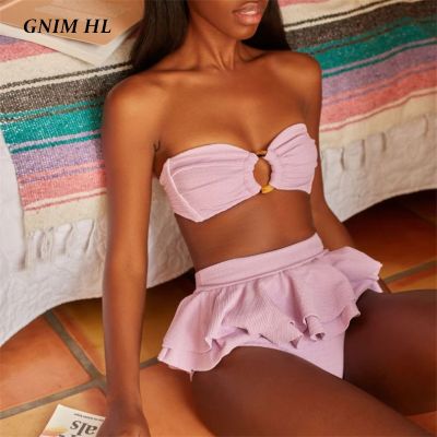 hotx 【cw】 GNIM Bandeau Swimsuit Ruffle Mujer 2020 Pieces Pink Swimwear Push Up Bather
