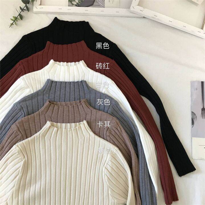 เสื้อสเวตเตอร์ถักสำหรับผู้หญิง-เสื้อสเวตเตอร์ลำลองครึ่งตัวคอปกเสื้อสูงแขนยาวบาง-aqj-907เสื้อสวมหัวถักนิตติ้งพื้น